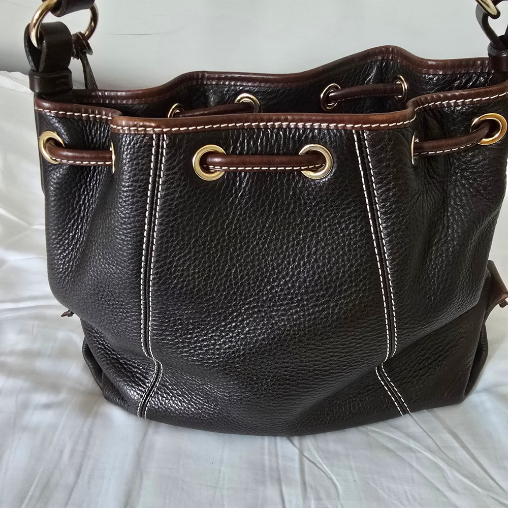 Dooney & Bourke Bucket Bag Womens Medium Brown Pebbled Leather Tassel Drawstring - Picture 3 of 16